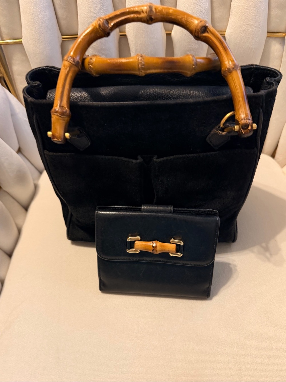Gucci Black Suede Handbag with Bamboo Handles